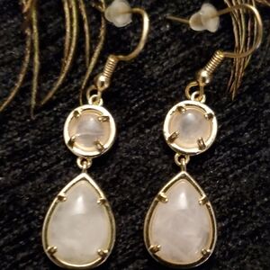 Rose Quartz Cabochons In Gold Prong Setting Teardrop Shaped Drop Dangle Earrings